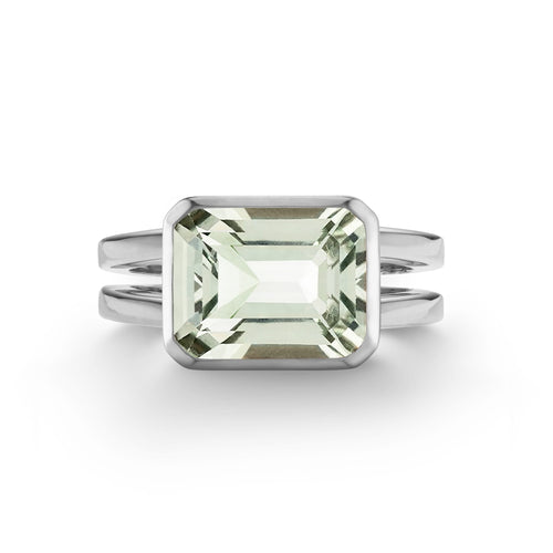Warren Horizontal Green Amethyst Ring, featuring an emerald-cut 8 x 10mm Green Amethyst in 14k gold, hand-set horizontally in a 14k white gold bezel - front view.