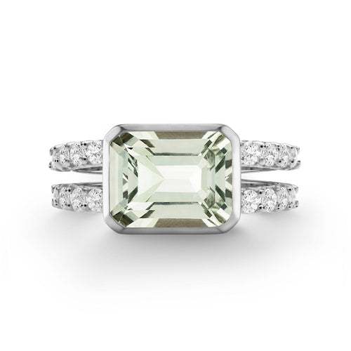 Warren Horizontal Green Amethyst Ring with Diamonds, featuring an 8 x 10mm Green Amethyst and 16 prong-set diamonds in 14k white gold - front view.