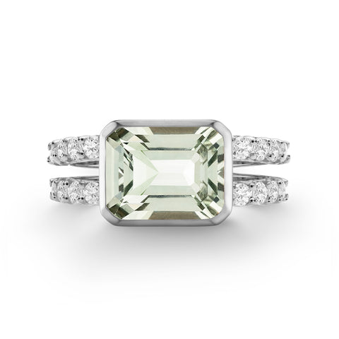 Warren Horizontal Green Amethyst Ring with Diamonds in 14k Gold (February) - White Gold