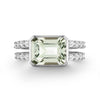 Warren Horizontal Green Amethyst Ring with Diamonds, featuring an 8 x 10mm Green Amethyst and 16 prong-set diamonds in 14k white gold - front view.