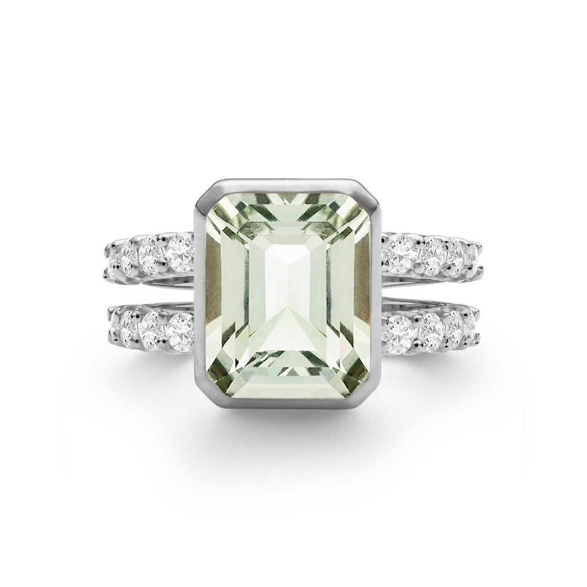 Warren Vertical Green Amethyst Ring with Diamonds in 14k Gold (Februar
