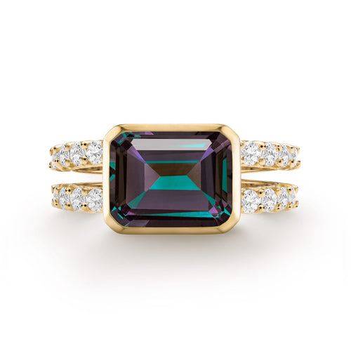Warren Horizontal Alexandrite Ring with Diamonds in the 14k gold, featuring a color-changing 8x10mm Alexandrite and sustainably grown diamonds - front view