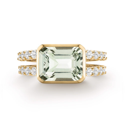 Warren Horizontal Green Amethyst Ring with Diamonds, featuring an 8 x 10mm Green Amethyst and 16 prong-set diamonds in 14k yellow gold - front view.