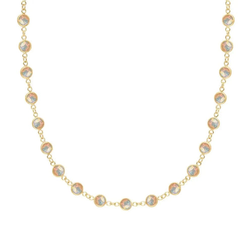 Newport necklace featuring nineteen 4 mm briolette cut opal bezel set in 14k yellow gold - front view