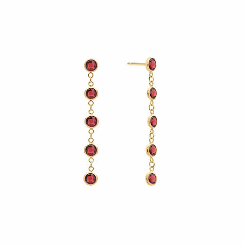 A pair of Newport earrings each featuring five 4 mm briolette cut garnets bezel set in 14k yellow gold