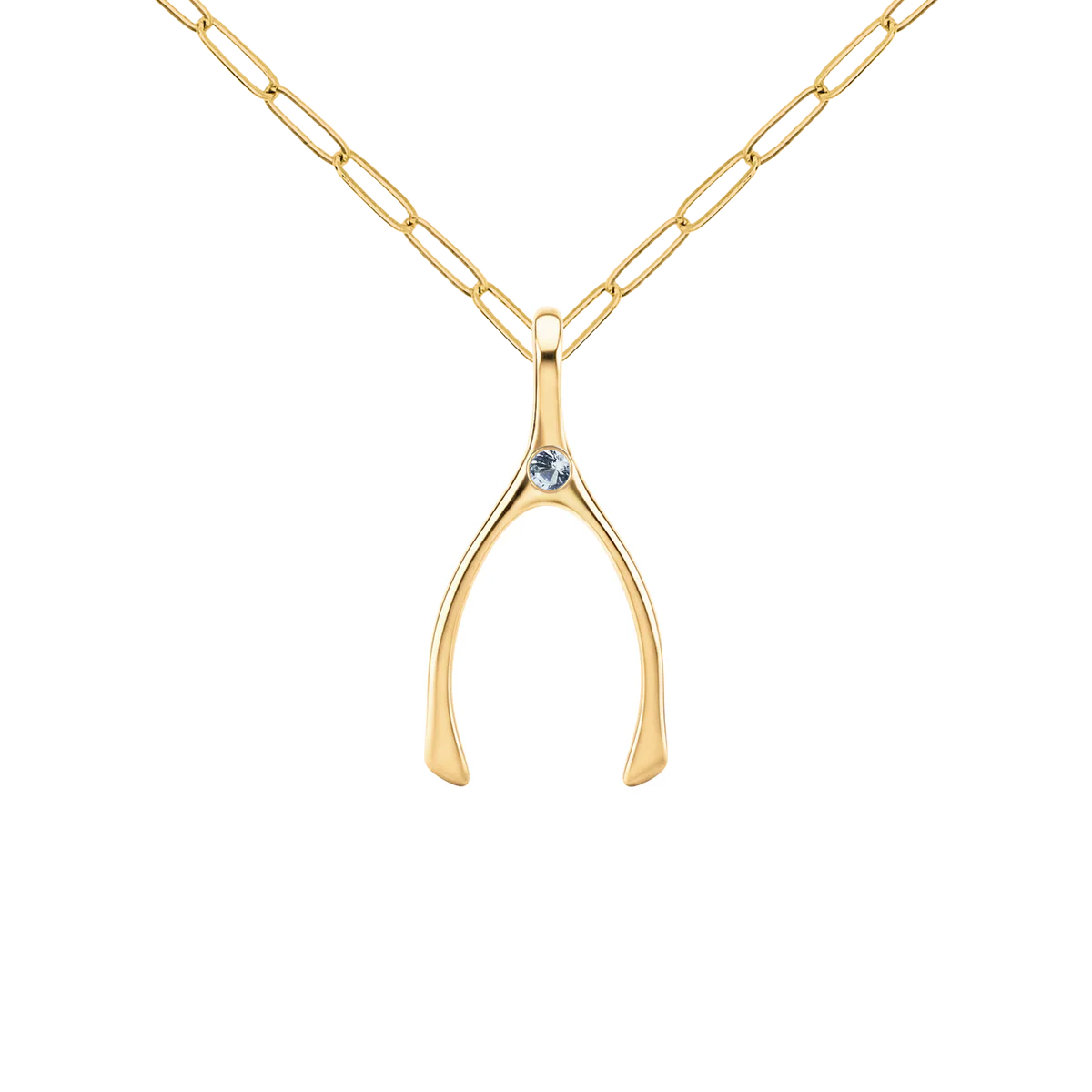 Small Aquamarine Wishbone Pendant in Solid 14k Gold (March)