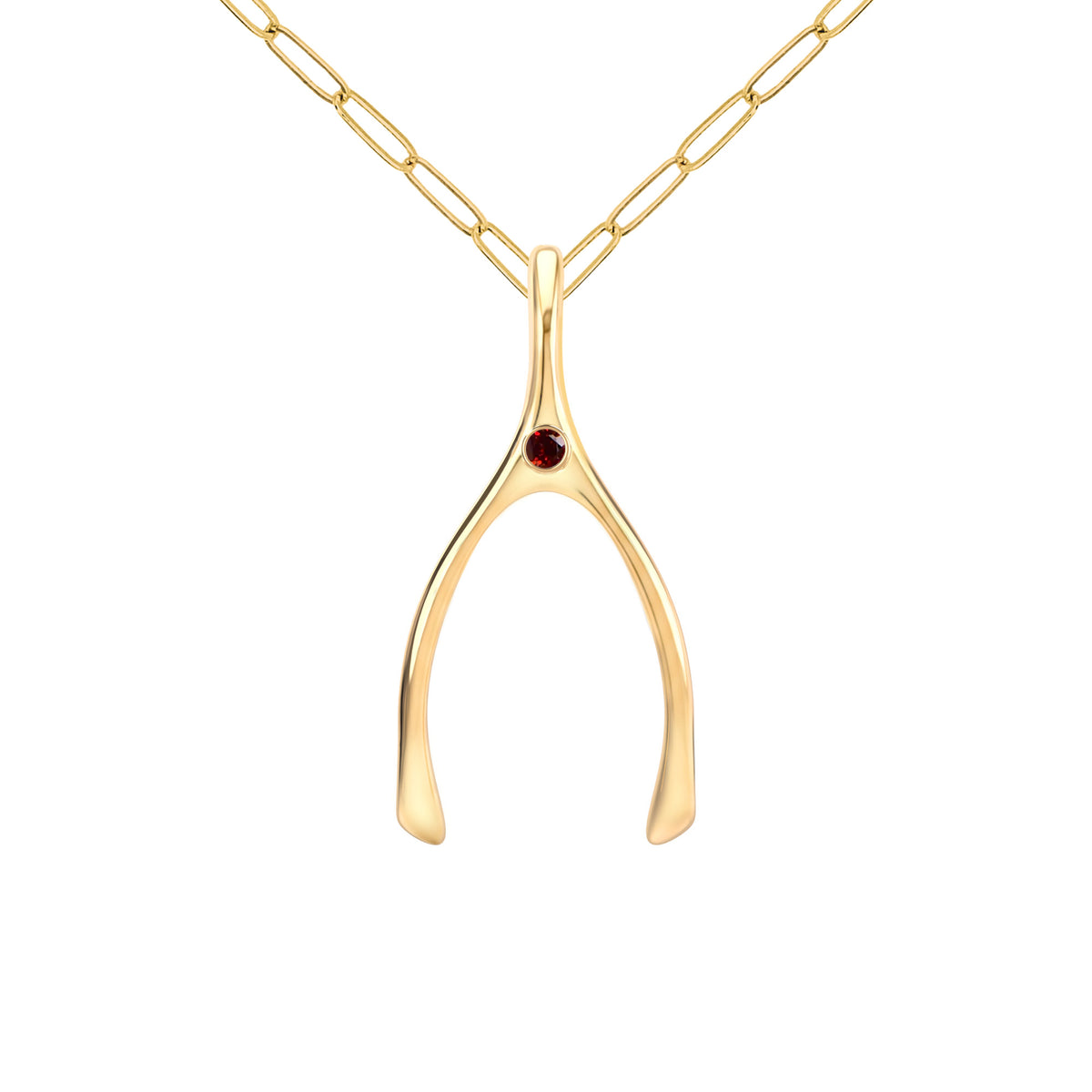 Large Garnet Wishbone Pendant in Solid 14k Gold (January)