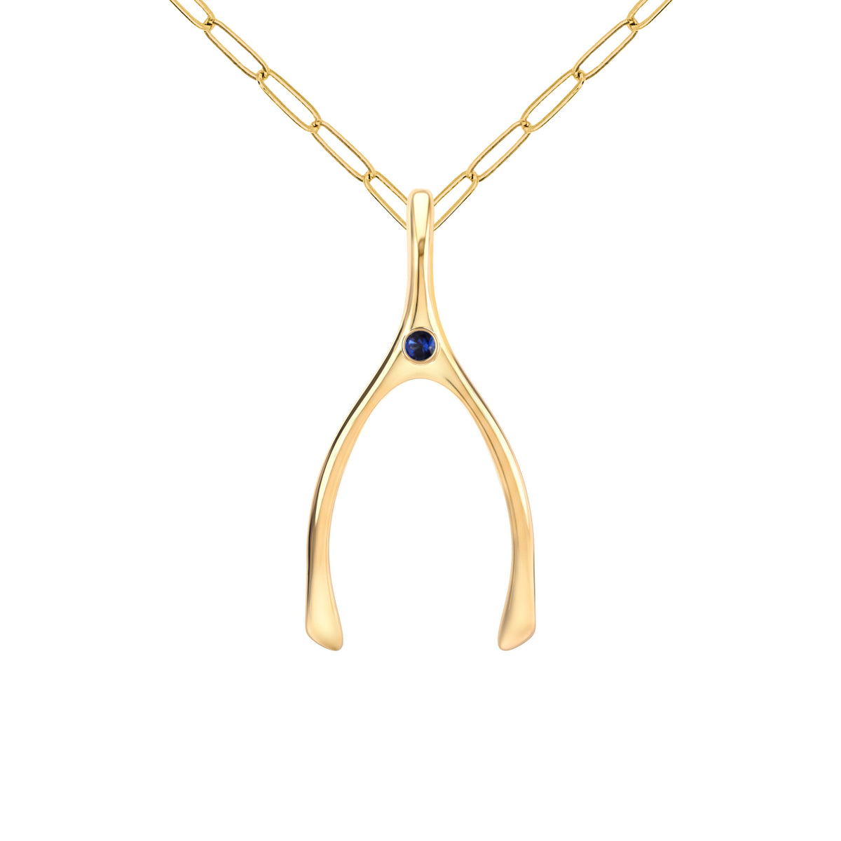 Large Sapphire Wishbone Pendant in Solid 14k Gold (September)