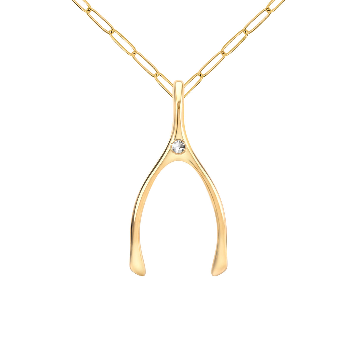 Large White Topaz Wishbone Pendant in Solid 14k Gold (April)