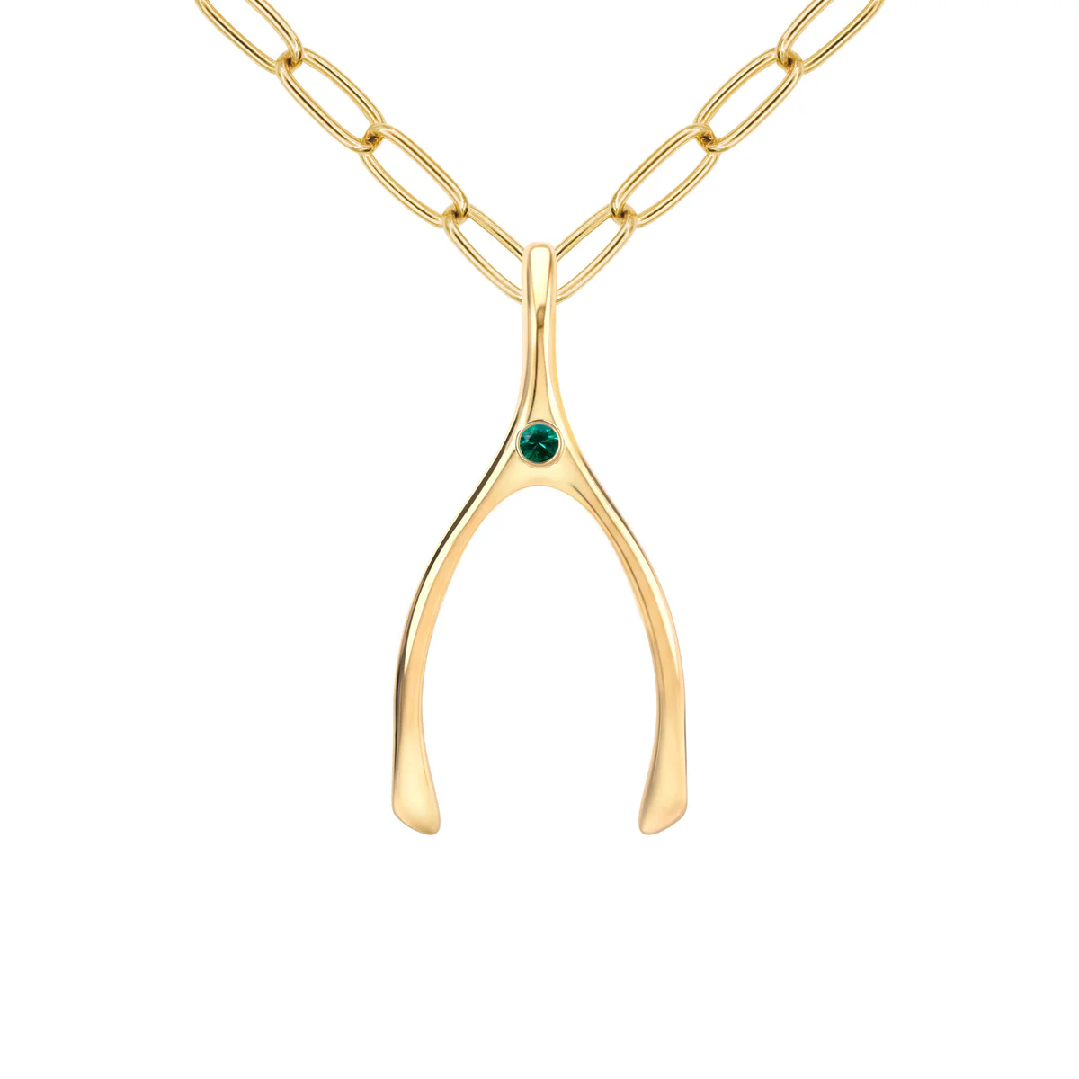 Large Emerald Wishbone Pendant in Solid 14k Gold (May)