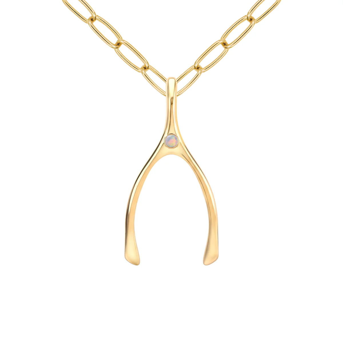 Large Opal Wishbone Pendant in Solid 14k Gold (October)