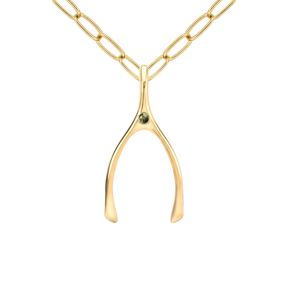 Large Peridot Wishbone Pendant in Solid 14k Gold (August)