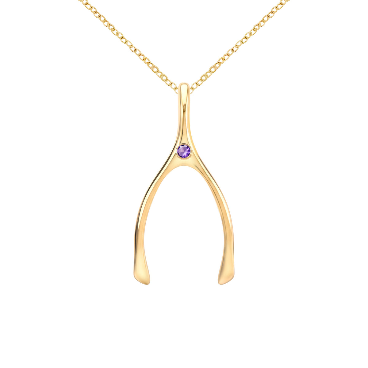 Large Amethyst Wishbone Pendant in Solid 14k Gold (February)