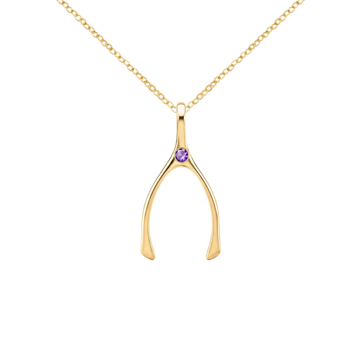 Small Amethyst Wishbone Pendant in Solid 14k Gold (February)