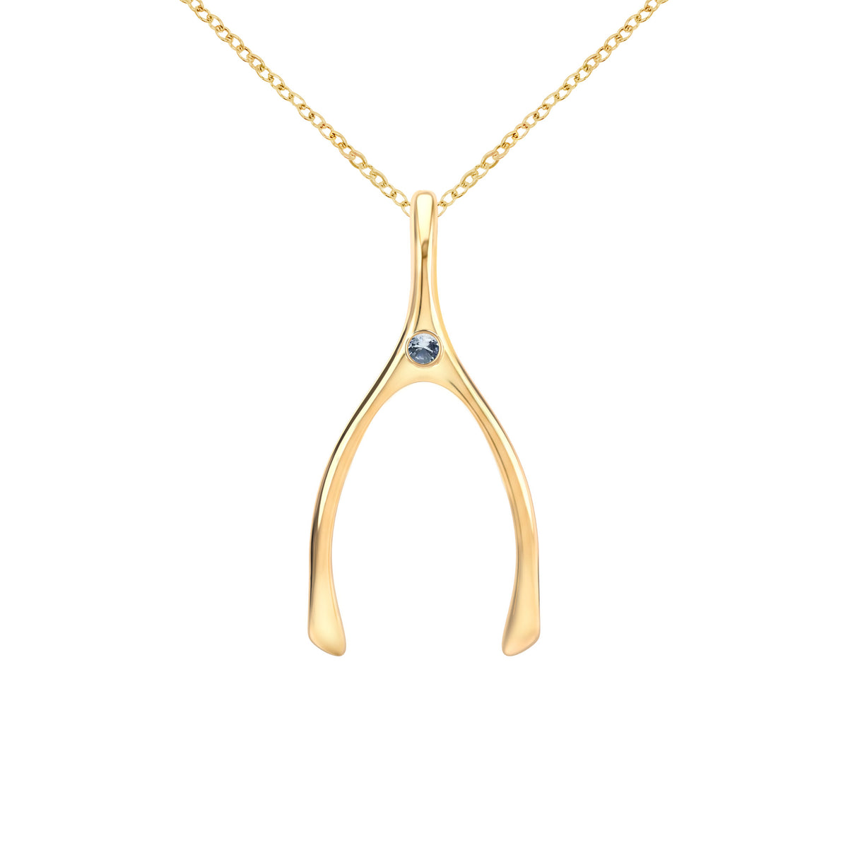 Large Aquamarine Wishbone Pendant in Solid 14k Gold (March)