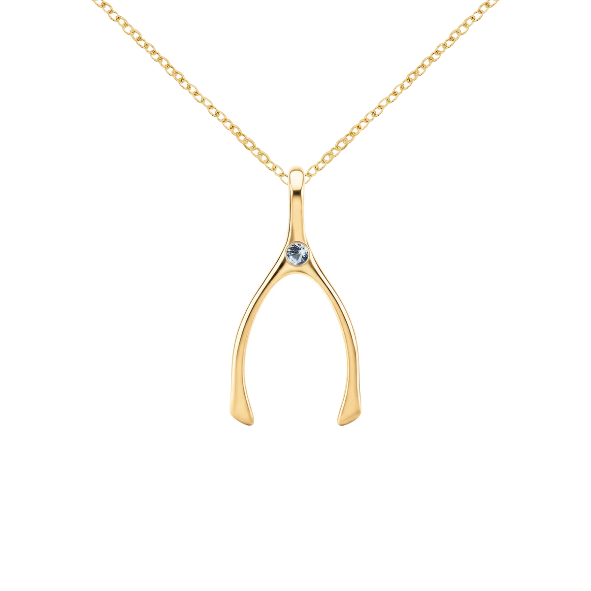 Small Aquamarine Wishbone Pendant in Solid 14k Gold (March)