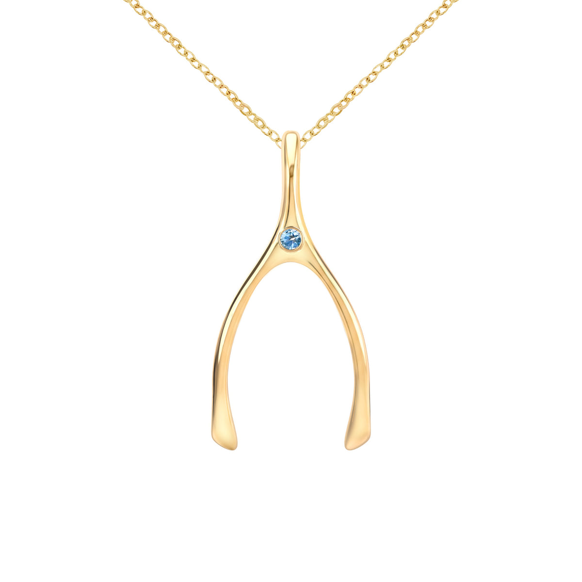 Large Nantucket Blue Topaz Wishbone Pendant in Solid 14k Gold (December)