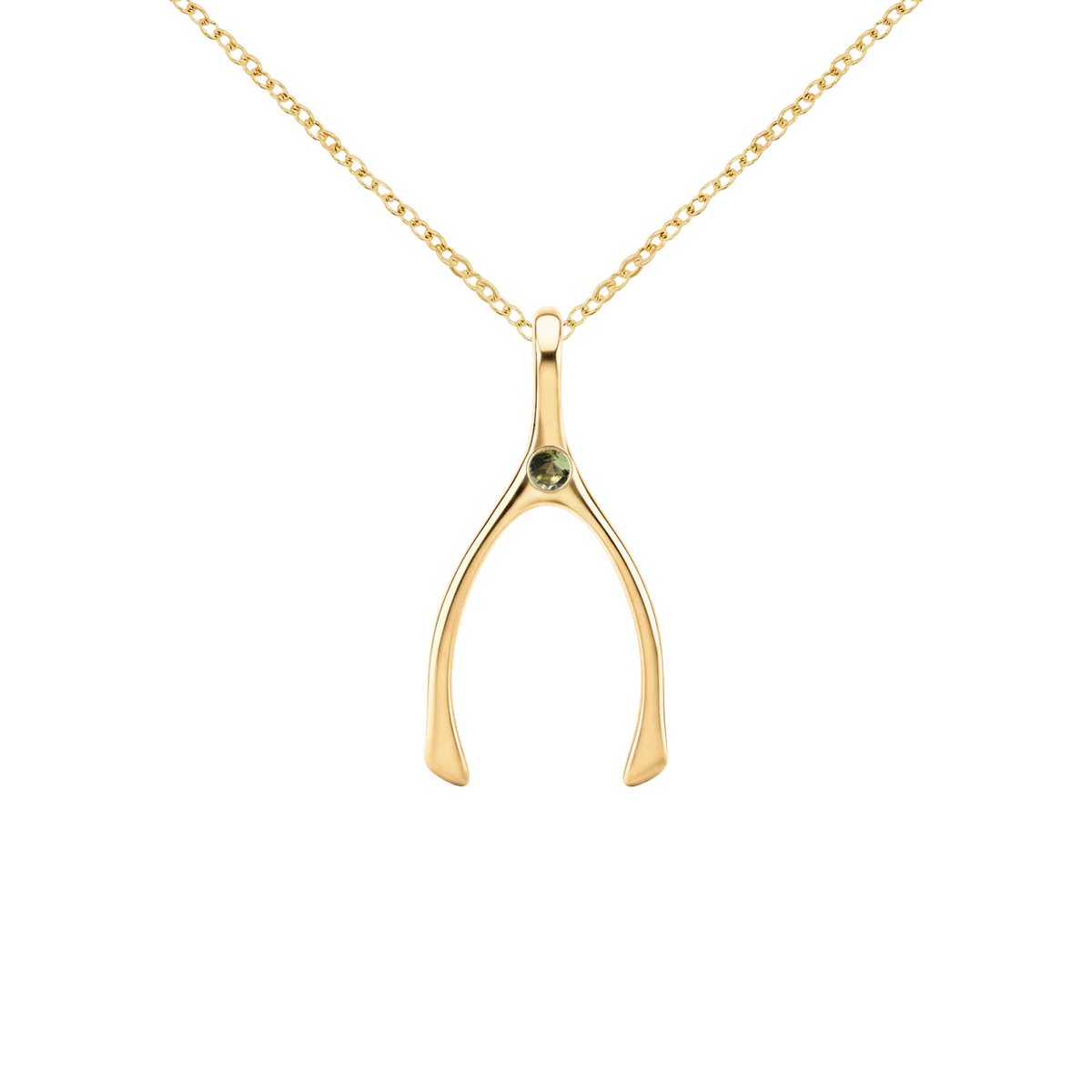 Small Peridot Wishbone Pendant in Solid 14k Gold (August)