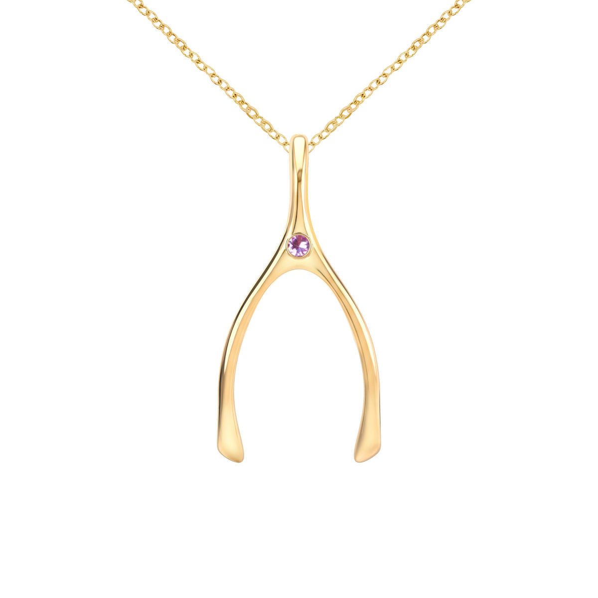 Large Pink Sapphire Wishbone Pendant in Solid 14k Gold (October)