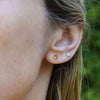 Woman wearing a Birthstone Stud Earring featuring a 4 mm briolette cut Citrine bezel set in 14k yellow gold