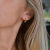 Woman wearing a Rosecliff Citrine earring featuring nine 2mm faceted round-cut, prong set gemstones in 14k yellow gold.