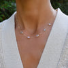 Woman wearing a Grand 6 Birthstone necklace with alternating 6mm briolette cut moonstones, aquamarines, and pink opals.