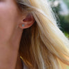 Woman wearing a 14k yellow gold Grand stud earring featuring one 6 mm briolette cut bezel set aquamarine