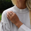 Woman's hand wearing 1.6mm wide 14k yellow gold Grand rings featuring 6mm briolette-cut bezel-set pink opal, citrine, and garnet gemstones.