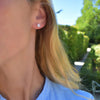 Woman wearing a pair of 14k yellow gold Grand stud earrings each featuring one 6 mm briolette cut Pink Opal