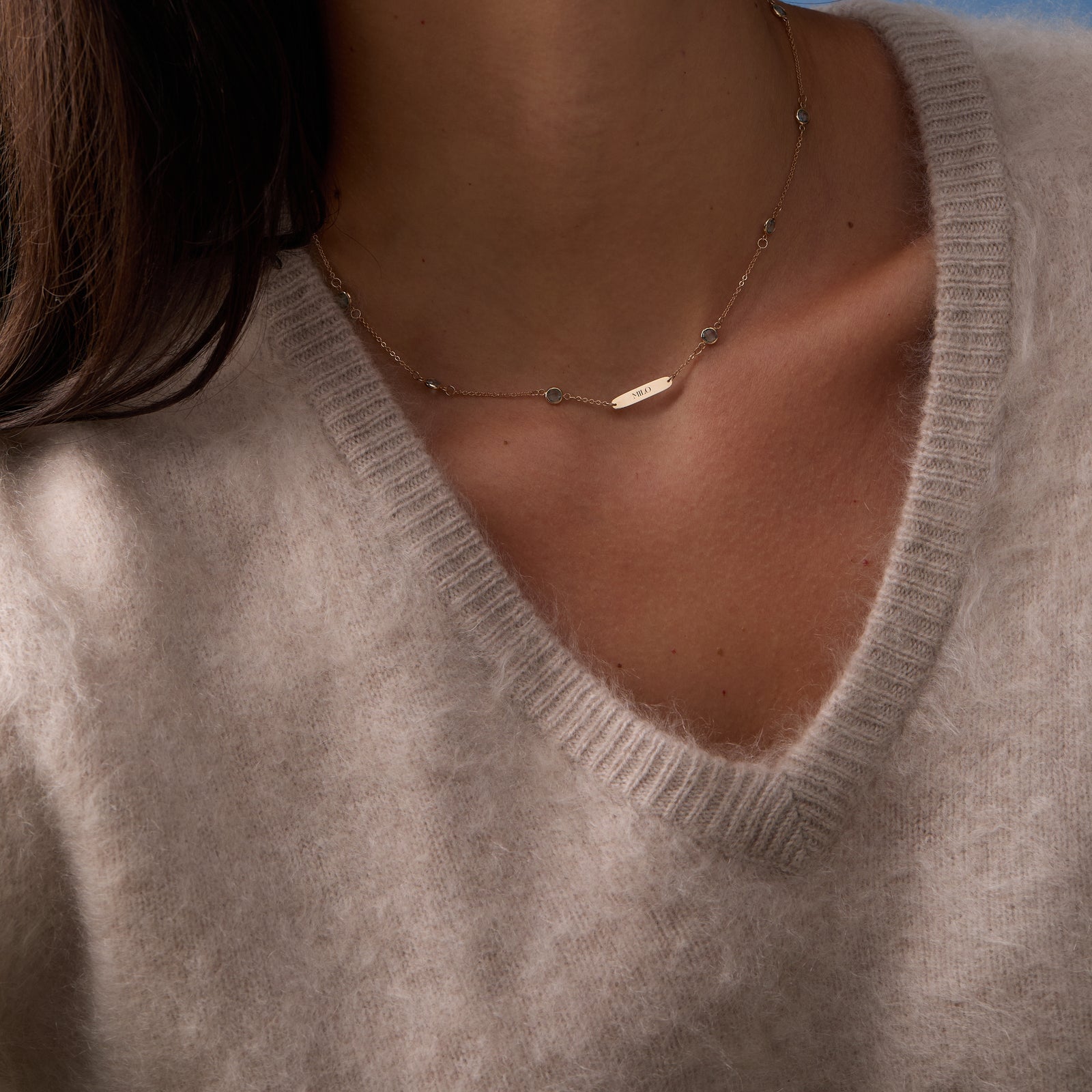 1 Nameplate & 10 Petite Nantucket Blue Topaz Necklace in 14k Gold (December)