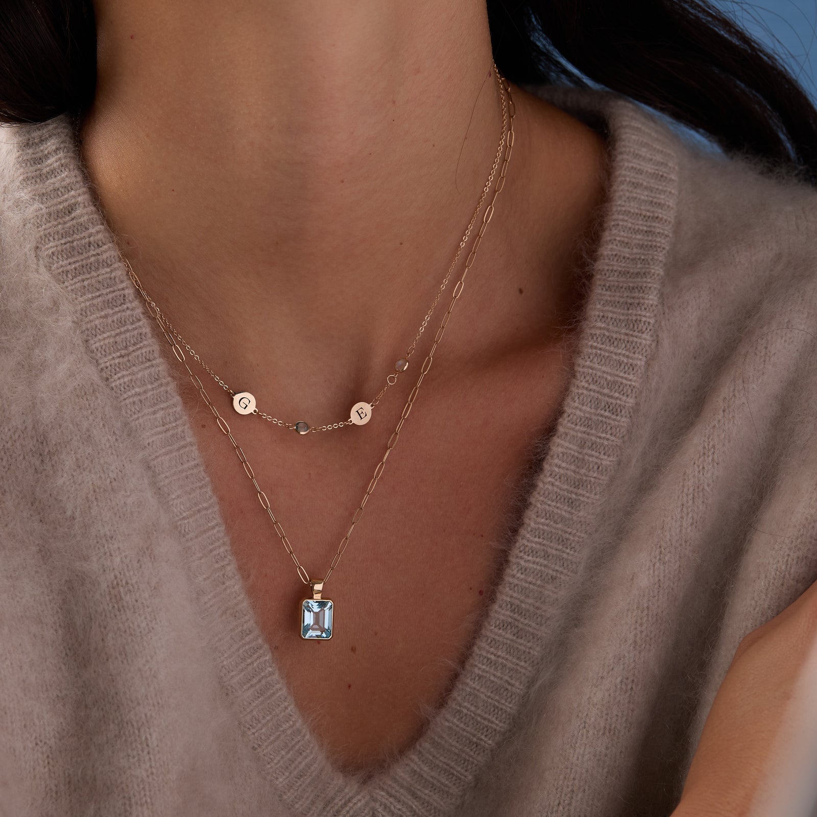 2 Letter & 2 Petite Birthstone Necklace in 14k Gold (Single Spacing)