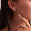 Woman adorned with matching 14k gold Grand necklace, ring and a pair of Grand stud earrings featuring one 6 mm briolette cut Nantucket blue topaz