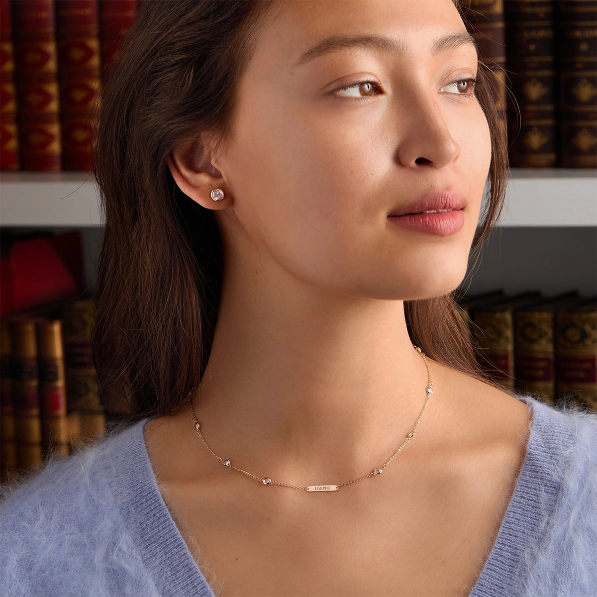 1 Nameplate & 10 Petite White Topaz Necklace in 14k Gold (April)