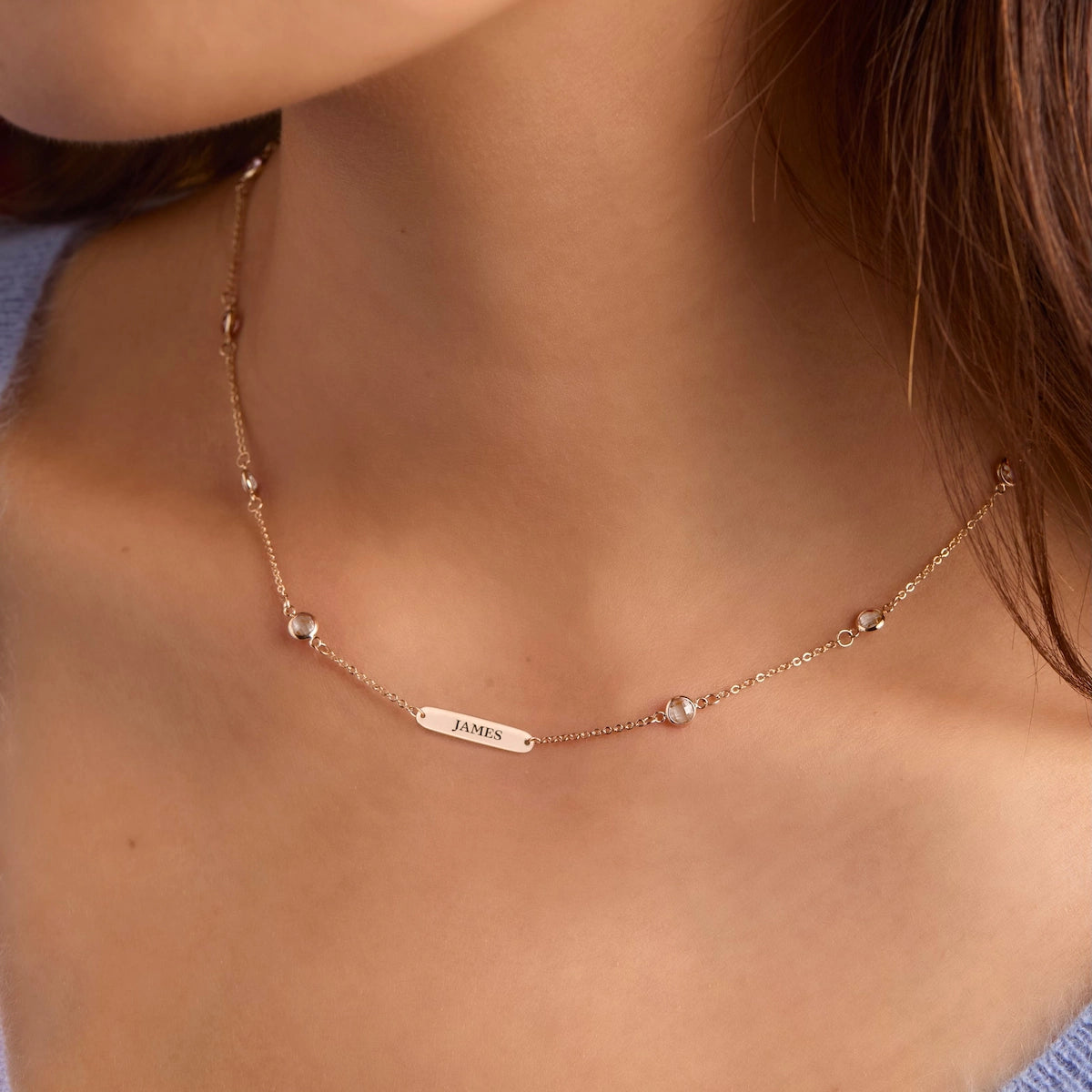 1 Nameplate & 10 Petite White Topaz Necklace in 14k Gold (April)
