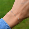 Woman wearing a Bayberry 7 Birthstone bracelet featuring seven 4mm sustainably grown aquamarines in 14k yellow gold.