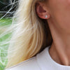 Woman wearing a pair of Stud earring featuring 6 mm briolette cut bezel set Moonstone in a 14k yellow gold.