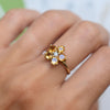 Hand wearing a Greenwich ring featuring five 4 mm faceted round cut citrines and one 2.1 mm diamond prong set in 14k gold