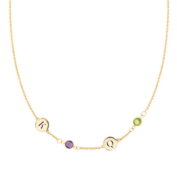 Personalized 2 Letter & 2 Classic Birthstone Necklace in 14k Gold (Single Spacing)