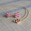 Necklace and a pair of 14k gold Greenwich earrings each featuring four 4 mm pink tourmalines and one 2.1 mm diamond