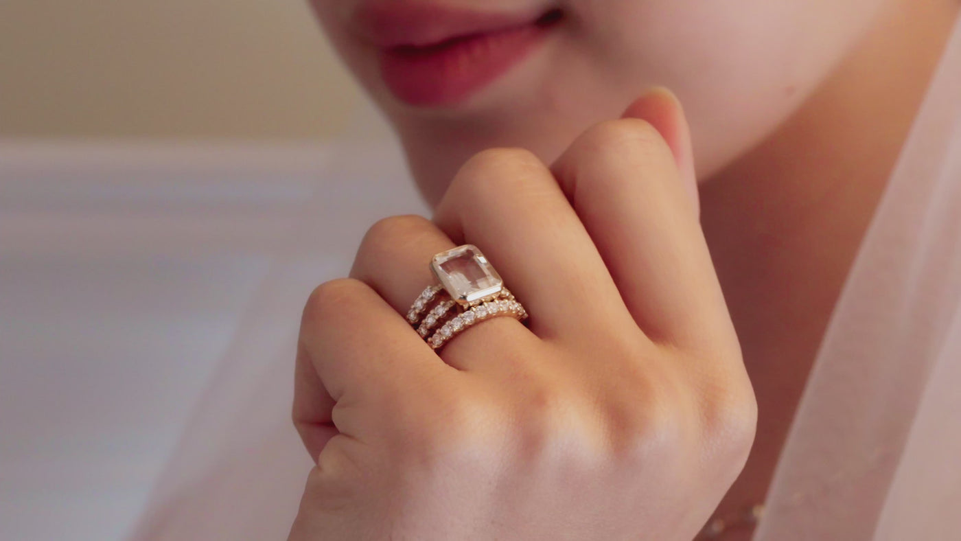 A bride wearing Warren Ring with Diamonds and Rosecliff Diamond Ring.