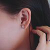 Woman adorned with Grand stud earring featuring one 6 mm briolette cut bezel set moonstone in a 14k yellow gold