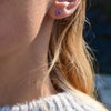 Woman wearing a Birthstone Stud Earring featuring a 4 mm briolette cut Amethyst bezel set in 14k white gold