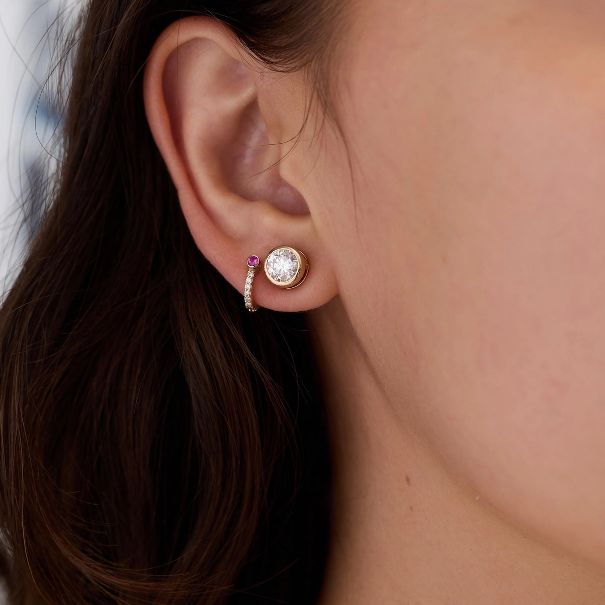 Tiny Birthstone Huggie Hoops with Diamonds in 14k Gold