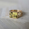 Warren Horizontal Lemon Verbena Quartz Ring, featuring an emerald-cut 8 x 10mm Lemon Verbena Quartz in 14k gold, hand-set horizontally in a 14k-gold bezel.