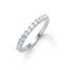 Rosecliff stackable ring featuring eleven 2 mm faceted round cut aquamarines prong set in 14k white gold