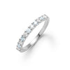 Rosecliff stackable ring featuring eleven alternating 2mm round cut aquamarines and diamonds prong set in 14k white gold