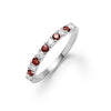 Rosecliff stackable ring featuring eleven alternating 2mm round cut garnets and diamonds prong set in 14k white gold
