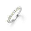 Rosecliff stackable ring featuring eleven alternating 2mm round cut peridots and diamonds prong set in 14k white gold