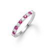 Rosecliff stackable ring featuring eleven alternating 2mm faceted round cut rubies and diamonds prong set in 14k white gold