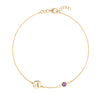 14k yellow gold Classic bracelet featuring one amethyst and one 1/4” flat disc engraved with the letter A - front view